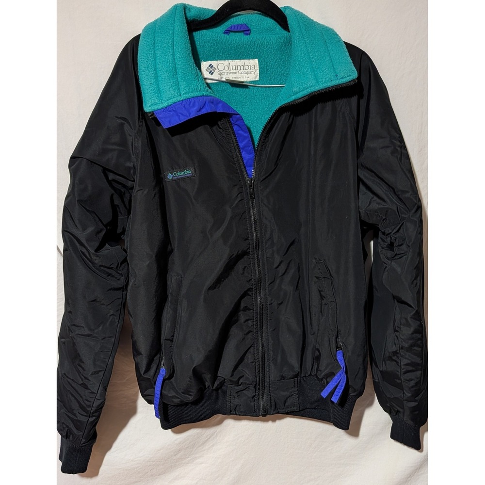 Vintage 90s Columbia Sportswear Men's M Black Teal Fleece Lined Bomber Jacket